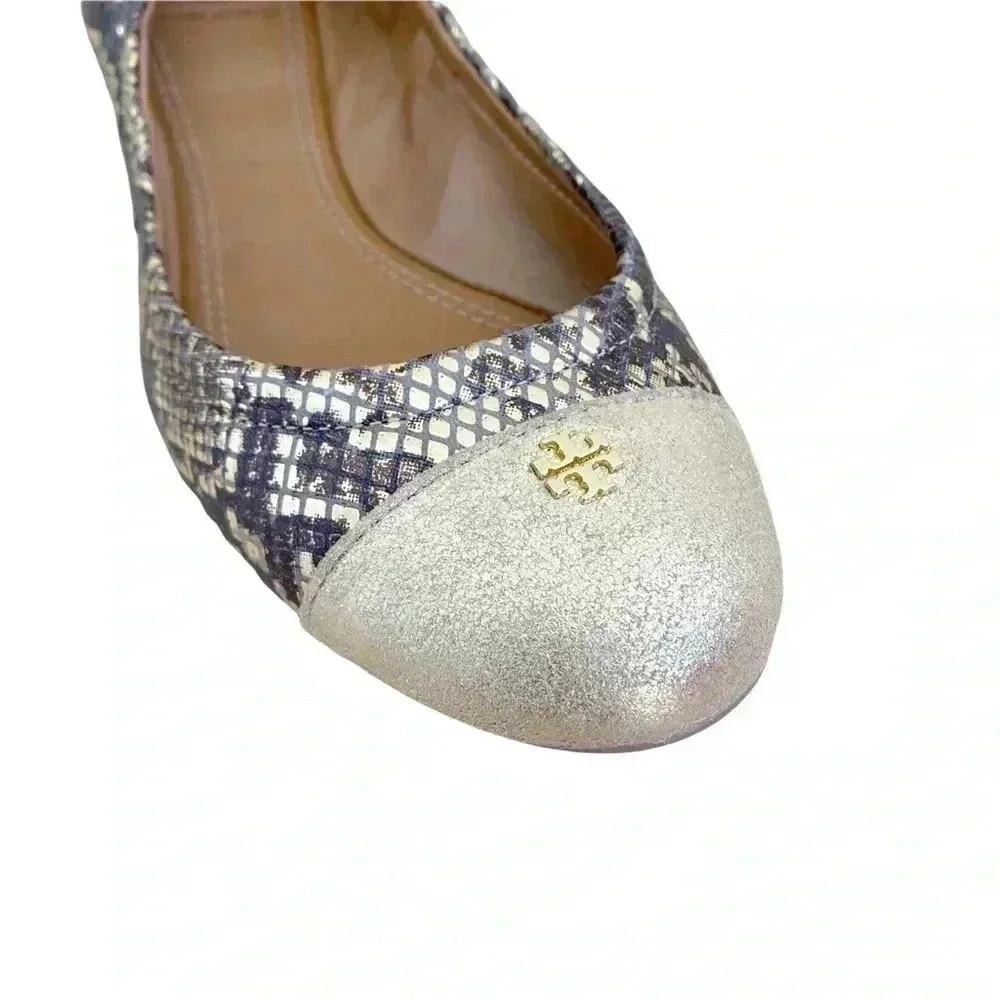 Tory Burch Gold Roccia Ballet Flats Shoes Size 6 Cap Toe Snakeprint Classic